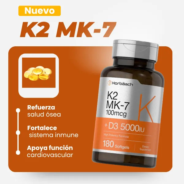 Vitamina D3 5000 IU K2 MK-7 180 Cápsulas Suplemento Potente y Puro