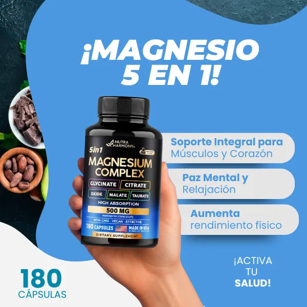 Magnesio 5 En 1 Complex Suplemento Vegano Para Estrés Músculos Y Corazón