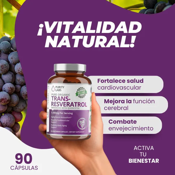Trans-Resveratrol 1500mg Purity Labs Suplemento Vegano Antioxidante para Corazón y Piel Radiante