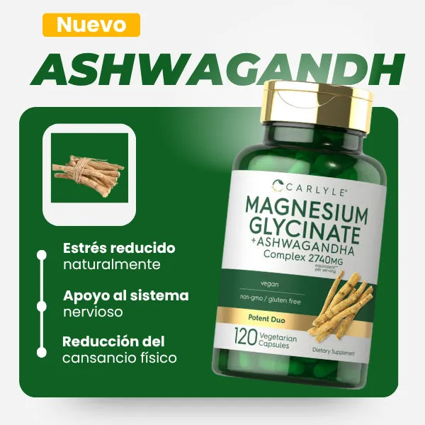 Glicinato De Magnesio Con Ashwagandha 2740 Mg 120 Cápsulas Potente Suplemento Sin Gluten