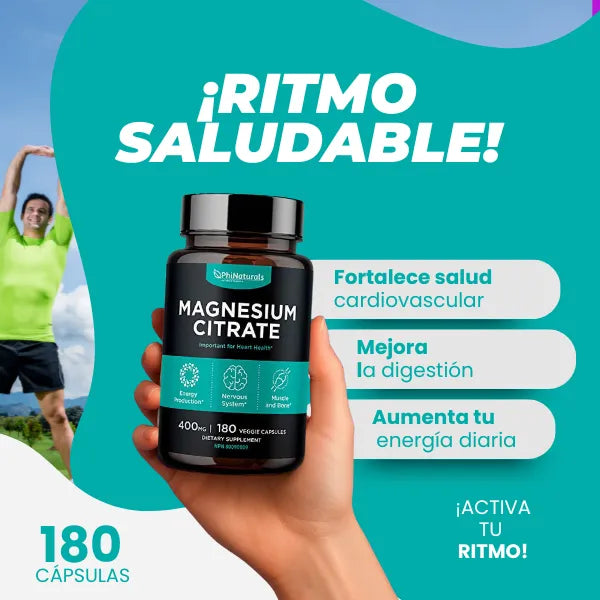 Citrato De Magnesio 400 Mg PhiNaturals 180 Cápsulas Alivio Muscular Nervioso Energía