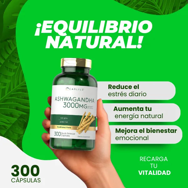 Ashwagandha 3000 Mg 300 Cápsulas Extracto Sin Gluten Energiza Y Desintoxica