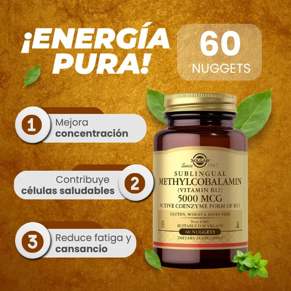 Vitamina B12 Metilcobalamina 5000 mcg Solgar 60 Cápsulas Sublinguales Energía y Bienestar