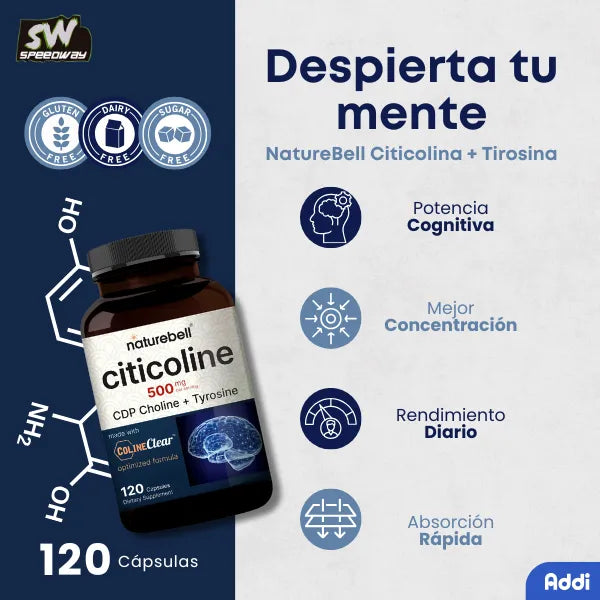 Citicolina 500mg Tirosina 50mg NatureBell Suplemento 120 Capsulas