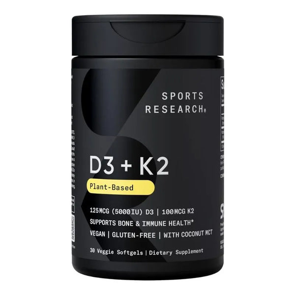 Suplemento de Vitamina D3 y K2 Sports Research con Aceite de Coco 5000 IU 30 Cápsulas Blandas