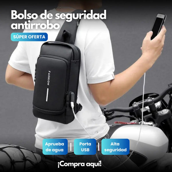 Bolso Antirrobo Mini Impermeable 37cm Viaje Multifuncional Cierre Seguro Puerto USB