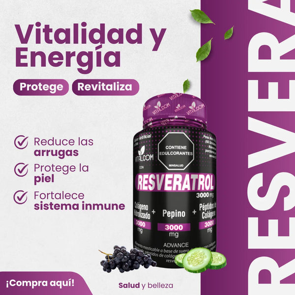 Resveratrol Suplemento Antienvejecimiento Colágeno Hidrolizado y Pepino para Piel Radiante